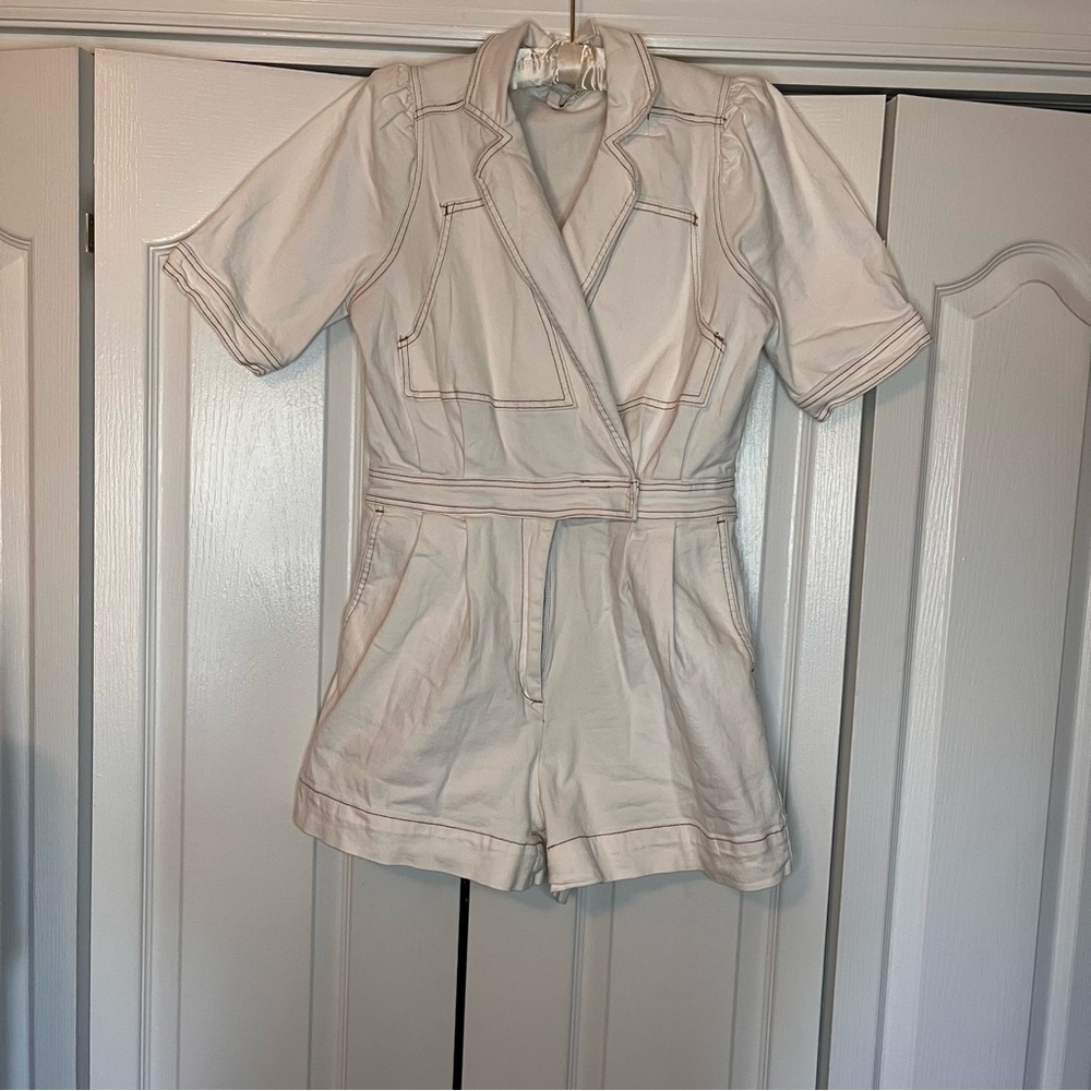 Day + Moon Cream Denim Romper Sz L Snap Button Zip Contrast Stitching Collared - Picture 11 of 11